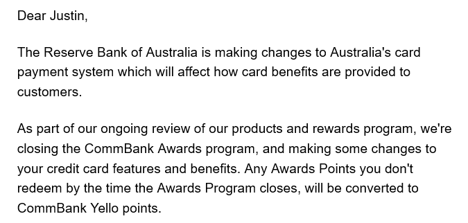 Email I received from CBA.